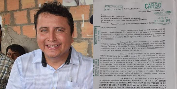  Primer Regidor de Bellavista cita a sesión extraordinaria para el viernes 12 de febrero para tratar pedido de vacancia del alcalde Eduar Guevara Gallardo