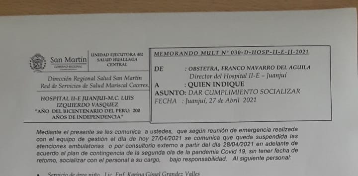  Suspenden consultas externas en hospital de Juanjuí por avance de la COVID-19