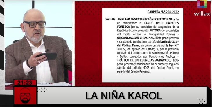  Periodista Beto Ortiz, informó anoche que Fiscalía de la Nación investiga a Karol Paredes por organización criminal